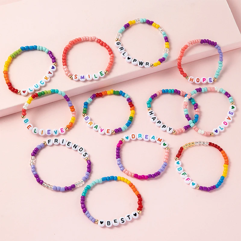 12Pcs Teens Women Girls Colorful Positive Energy Letters Courage Words Candy Color Beaded Bracelet DIY Jewellery