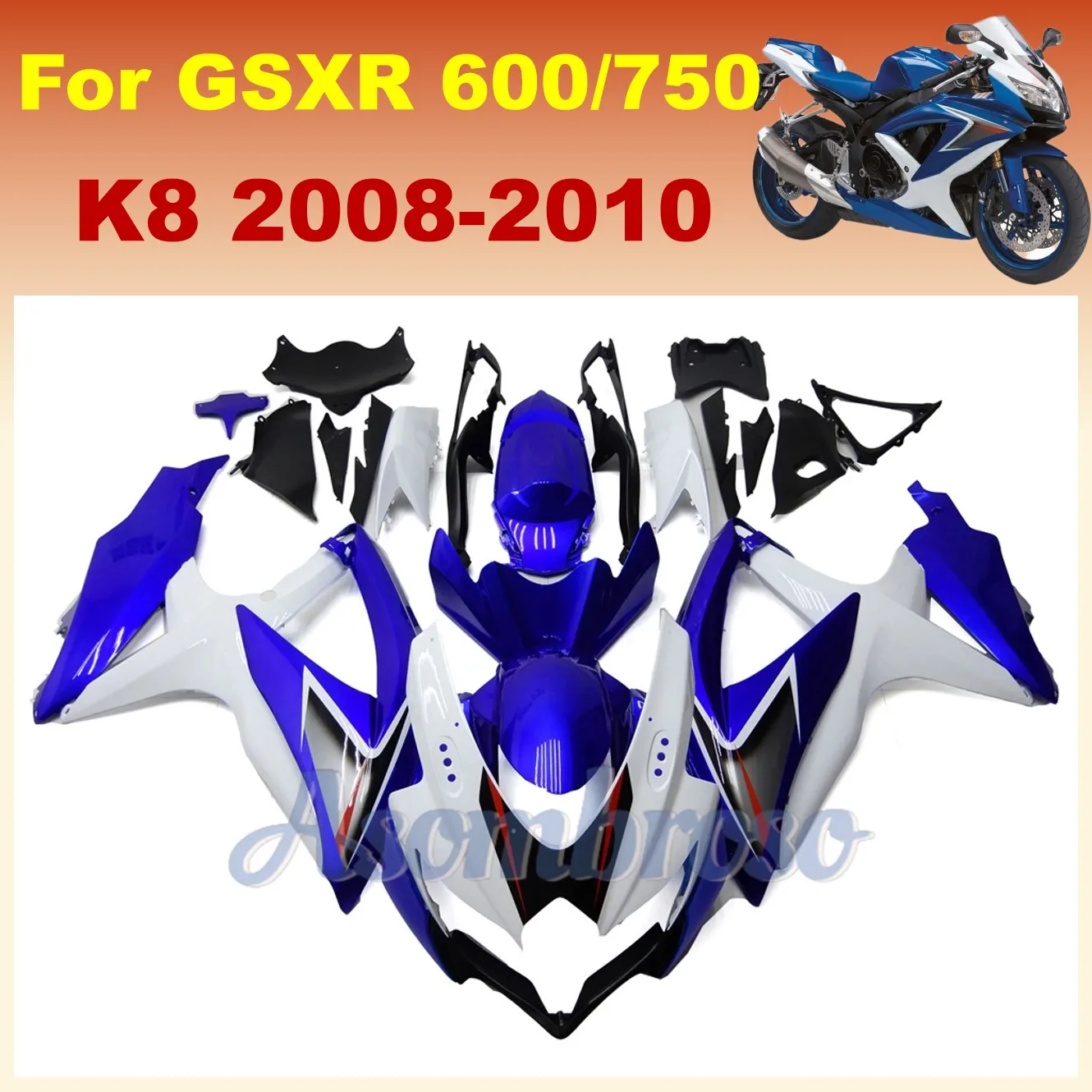 for Suzuki GSXR600 2008 2009 2010 08 09 Motorcycle Fairing Set K8 GSXR 600 GSXR750 Blue/White view 2