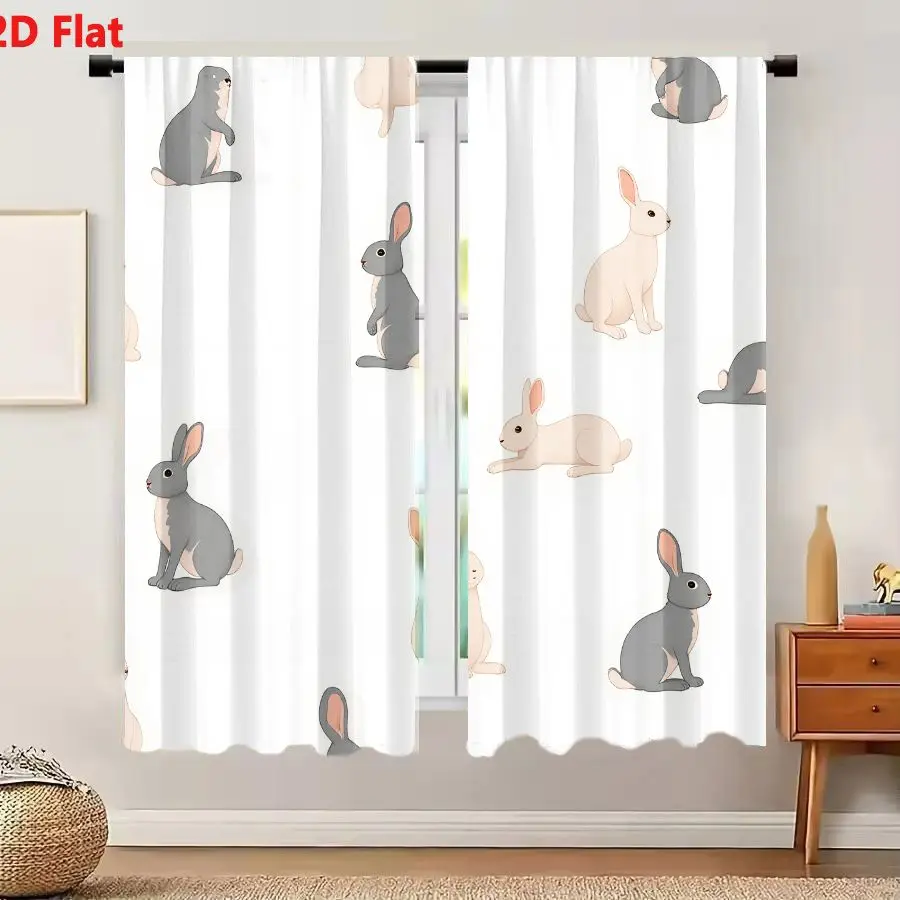 2Pcs Curtains 2D Flat Seamless Pattern With Cute Stylized Rabbits On White Background In Pastel Grey And Cream Tones Window Drap