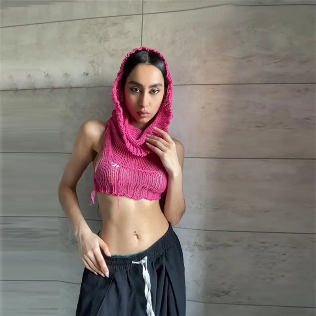 

Women's Trendy Hooded Sleeveless Knitted Sweater Solid Color Navel-Length Innerwear Autumn Fashion European American Style