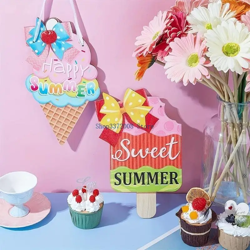 2Pcs Summertime Hangings Door Sign Decors Beach Colorful Ice Cream Plaques