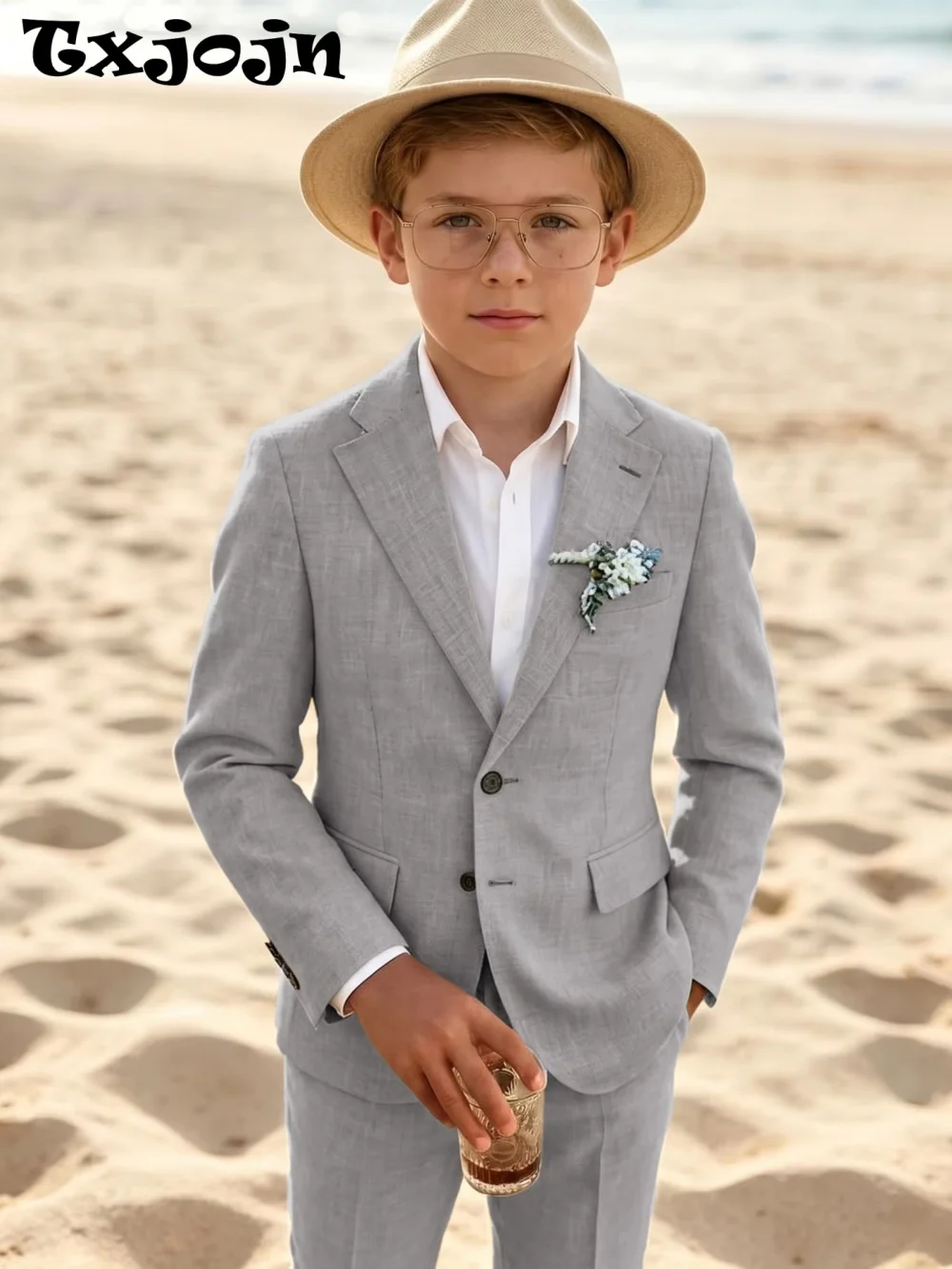 Txjojn Boys Linen Suit Set 2 Pieces Jacket Pants Summer Wedding Wear Breathable Comfortable Kids Suits For Outdoor Activities