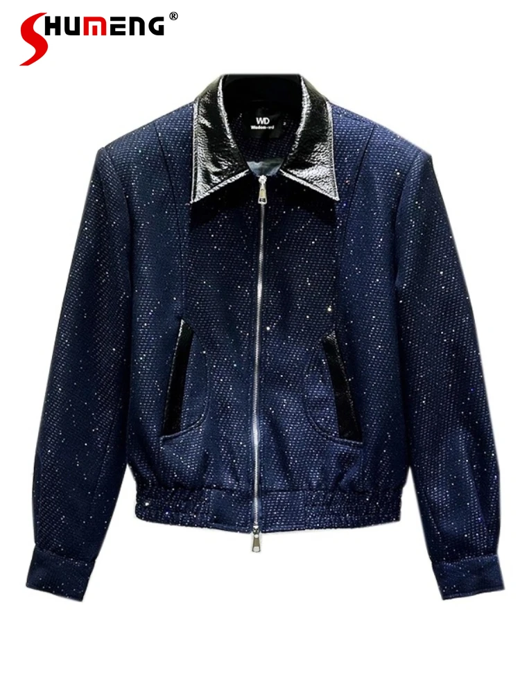 

Мужские осенне-зимние новые модные куртки 2025 года, куртки из искусственной кожи с блестками и лацканами, мужские модные легкие роскошные элитные пальто