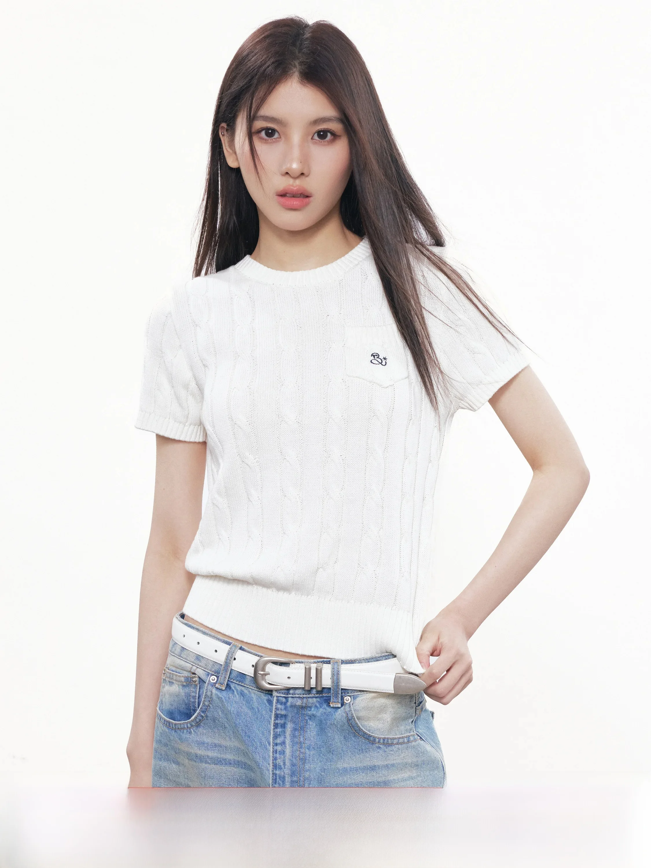 

RPB Brand Korean Style Commute Texture Pocket Short Sleeve Knitted Sweater Women Versatile Cotton College Style Top