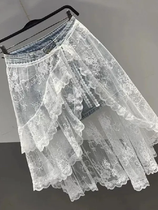 

plus Size Women's Mid-Length Lace Trimmed Denim Skirt Summer Cake Style Half-length Skirts Korean Loose Fit Casual Skirts