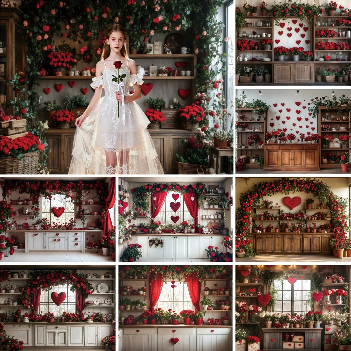 Valentine's Day Romantic Kitchen Photography Backdrop February 14th Red Roses Love Heart Cabinet Girls Portrait Photo Background