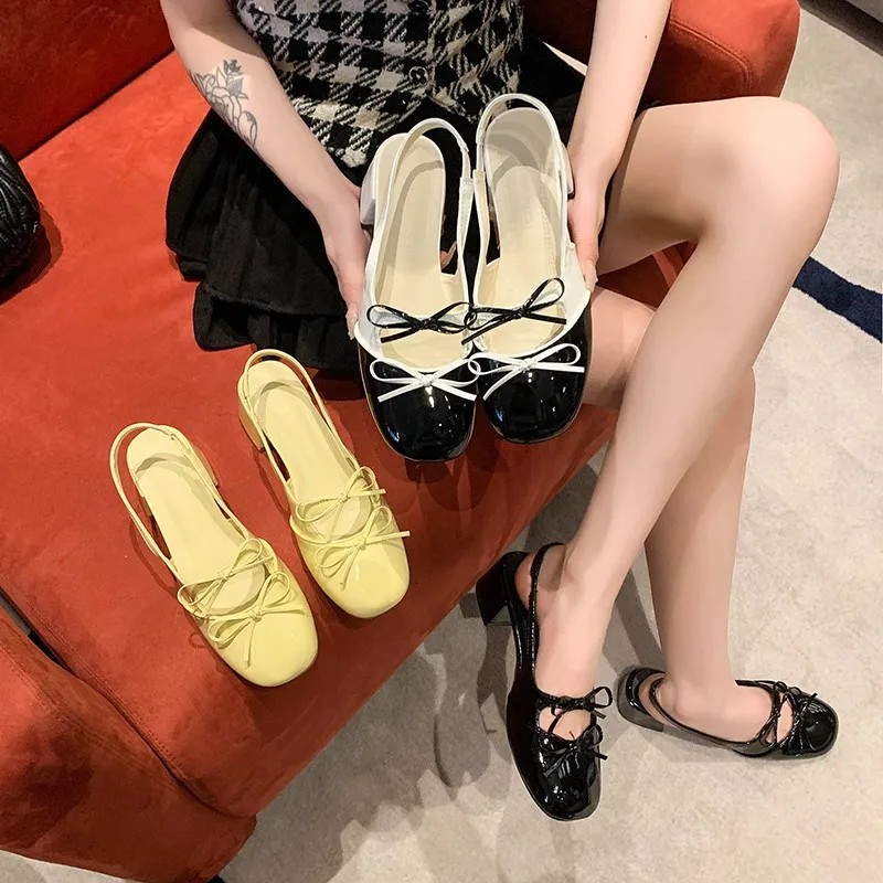 New Fashion Sandals Mid-heel Square Shoes Children Bun Head Double Bow Chunky Heel Mary Jane Single Shoe Tide