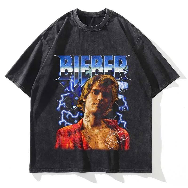 Summer Washed Men Women T Shirt JUSTIN BIEBER Graphic Printed Short Sleeve Oversized Crew Neck Fashion Streetwear T Shirt