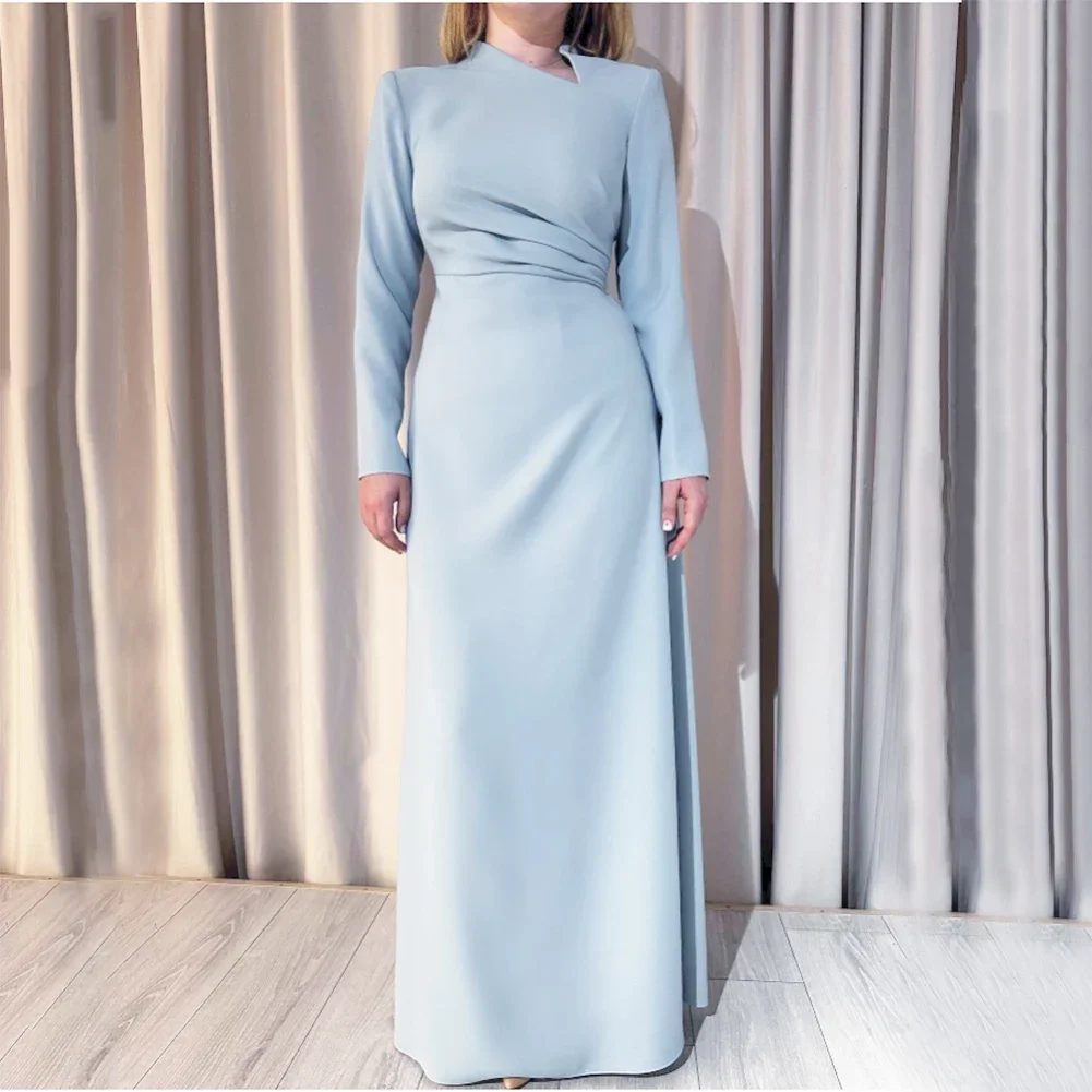 Customized Elegant Long Sleeves Straight Evening Dresses Saudi Arabia Floor-Length Pleats Prom Dress Gala Special Wedding Guest