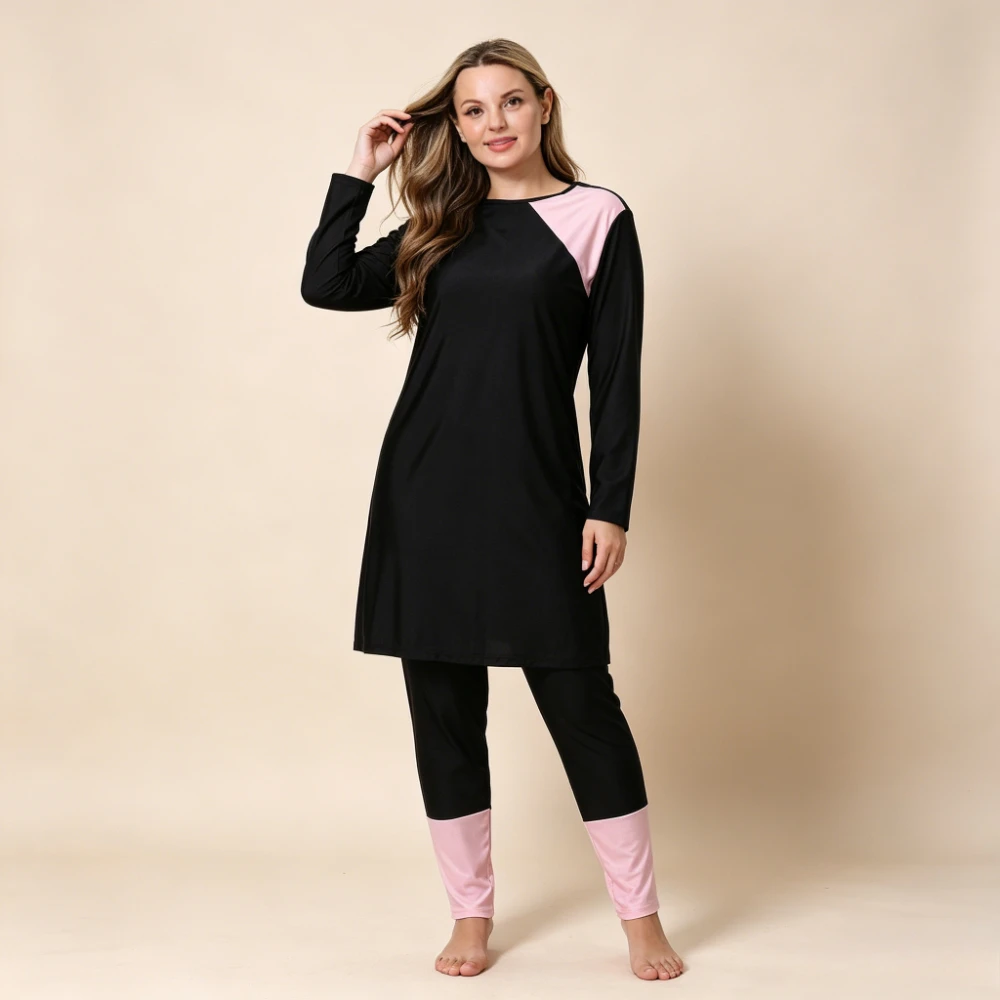 Plus Size Women 2PCS Burkini Swimwear O Neck Color Block Long Sleeve Tunic Top Full Length Pants Muslim Bathing Suit Swimwear