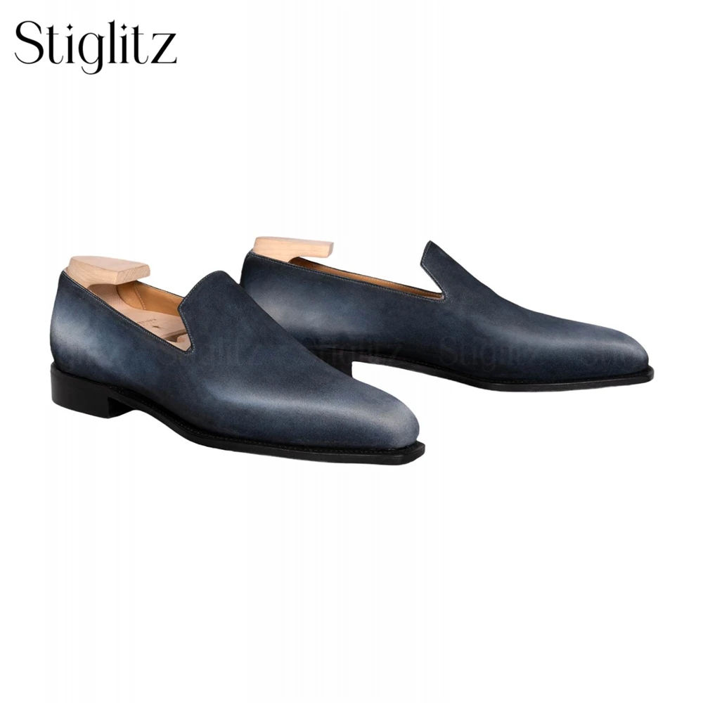 Old Wood Patina Loafers for Men Elongated Last Unique Designer Style Handmade Leather Shoes Pure Lines Sleek Shape Dress Shoes