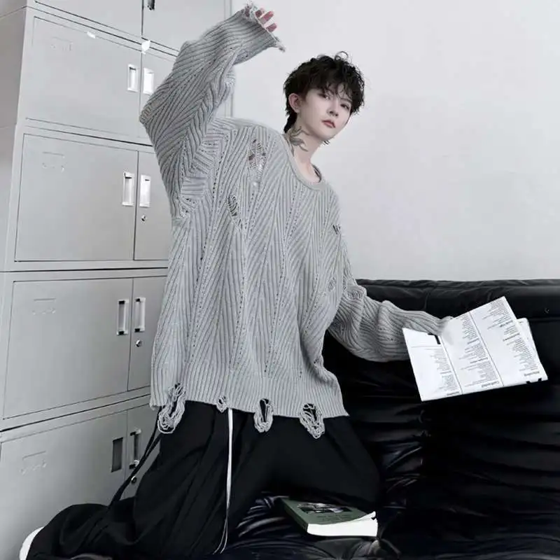 루젠 스웨터 풀오버 2025 루즈핏 솔리드 니트 컬러 홀로우 탑스 개성있는 멋진 트렌디 남성 캐주얼 아우터웨어 JY4682