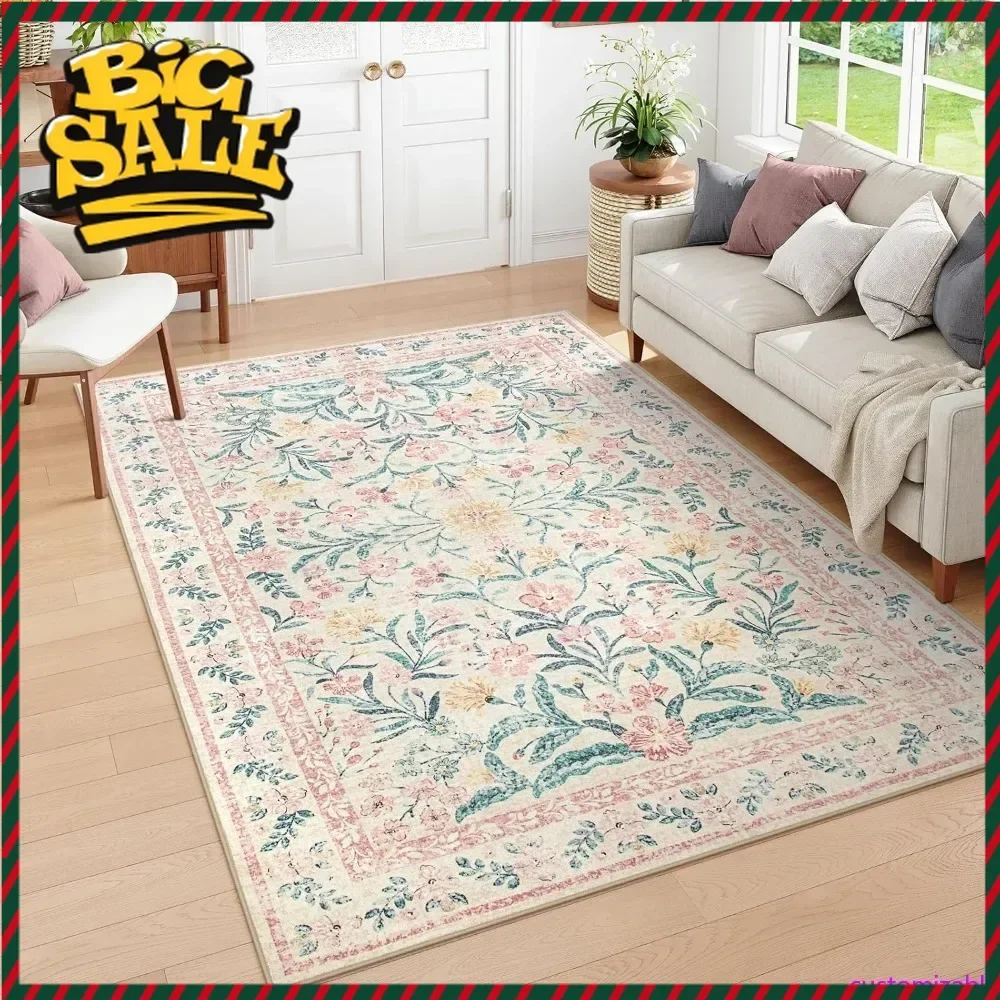 

Hot salesCustomizable Washable Area Rug 6x9, Pink Floral Rugs for Bedroom Girls Soft Living Room Carpet Ultra-Thin, Boho Non Sli