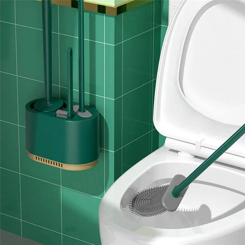 A20F-Green 4-In-1 Silicone Toilet Brush Set, Silicone Toilet Brush No Dead Angle Cleaning Artifact Toilet Washing Set