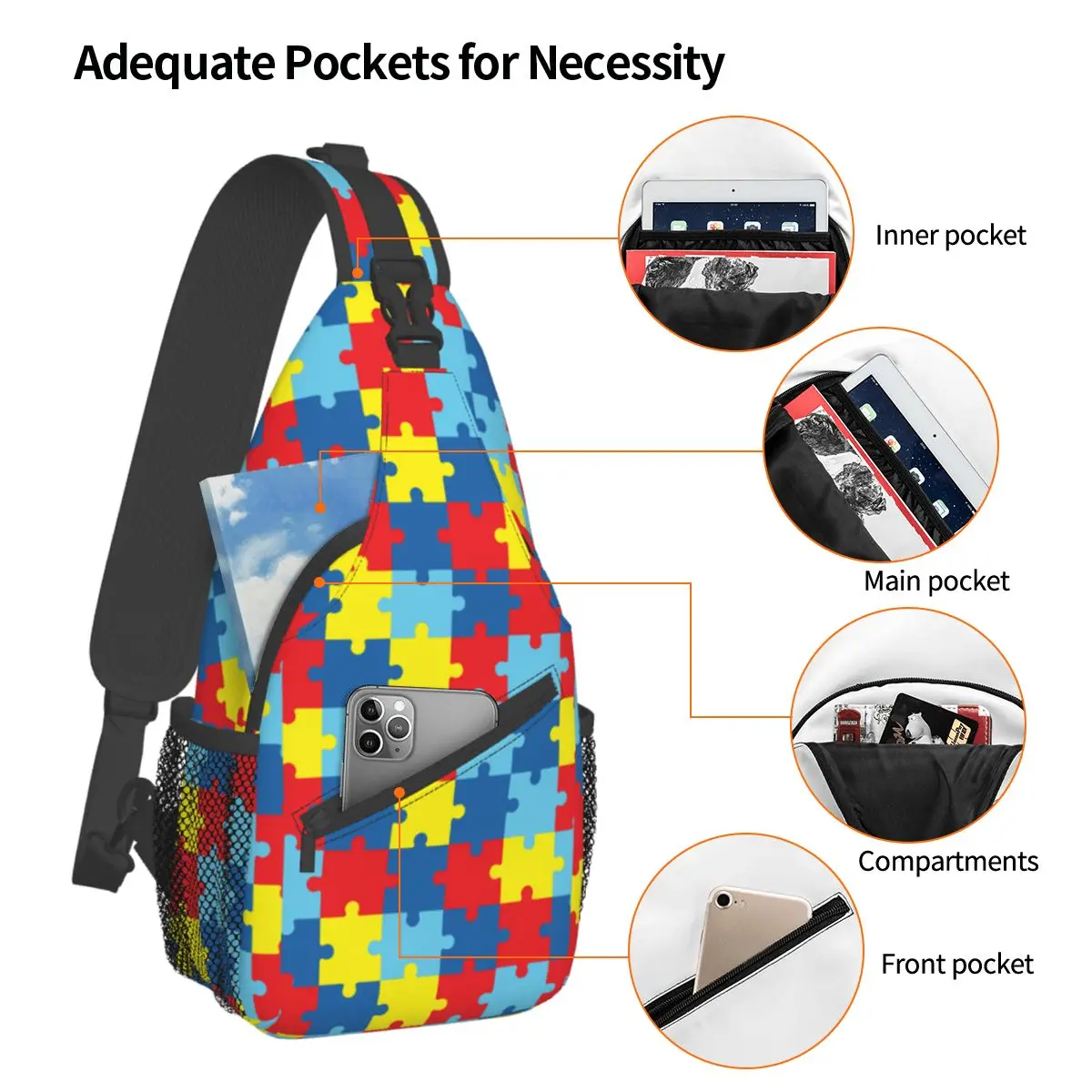 Rainbow Puzzle Geometric Crossbody Sling Bags Small Chest Bag Colorful Shoulder Backpack Daypack Hiking Outdoor Biking Satchel