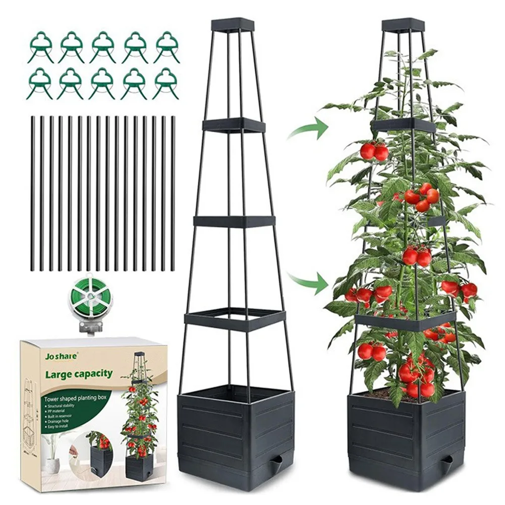 

Raised Garden Bed Planter Box with Trellis Tomato Cage Planter Self-Watering Planter Box for Patio Greenhouse