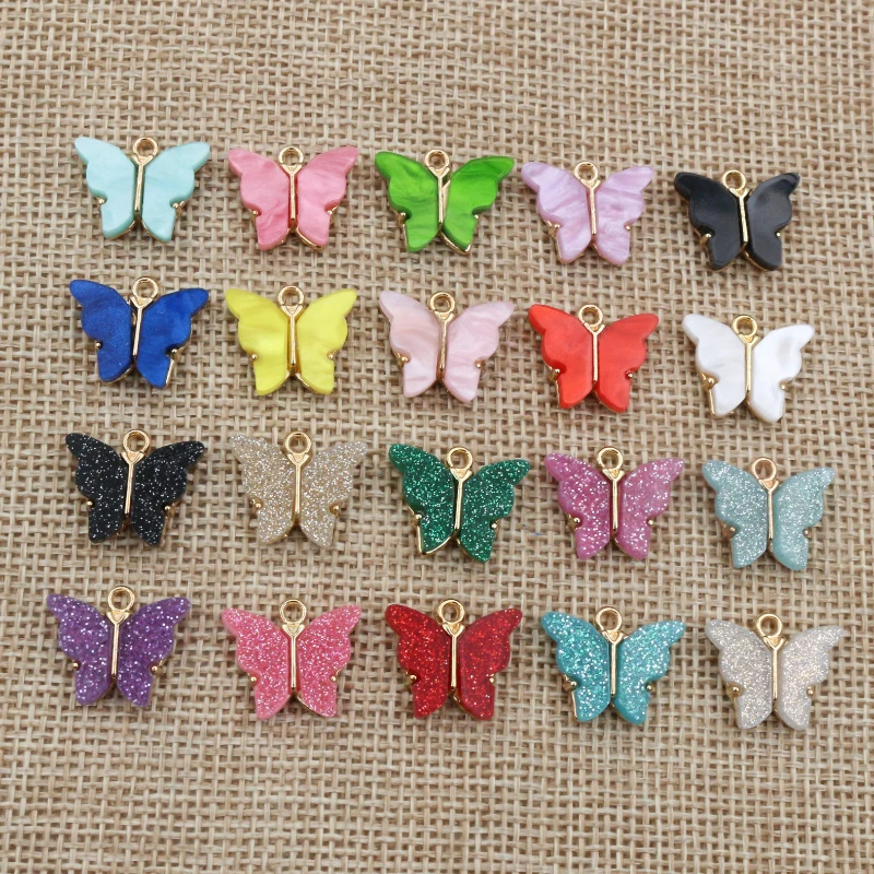 10pcs 14x16mm Acrylic Butterfly Charms Pendant Alloy Metal Back For Necklace Bracelet DIY Jewelry Making Accessories Findings