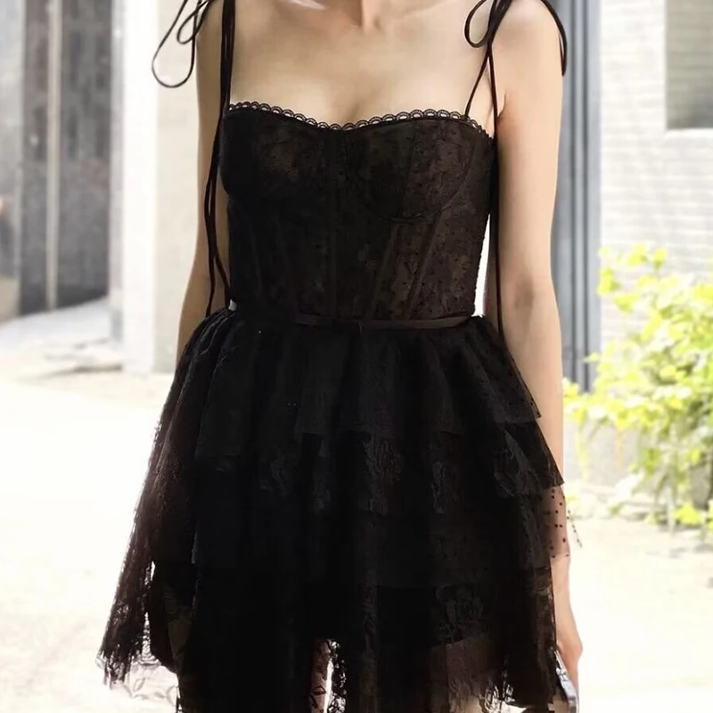 

Elegant Women Sexy Dress Lace Jacquard Mesh Patchwork Spaghetti Strap Mini Dresses Ladies Summer Party Robe