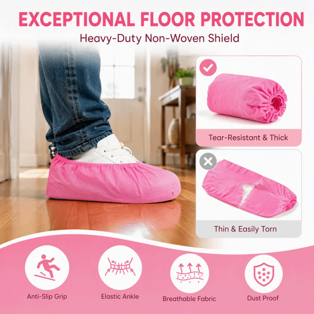 100pcs Durable Pink Non-Woven Overshoes Nonwoven Fabric 40*15cm Anti-Slip Shoe Protectors Breathable Boot Covers Carpet Floor