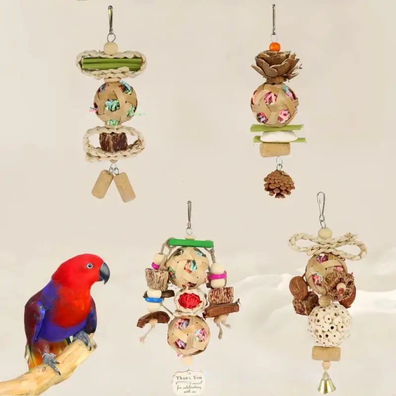 1Pcs Colorful Wooden Beads Ropes Natural Blocks Tearing Toys Parrot Chew Toy With Hook For Birds Cage Hanging Decoration