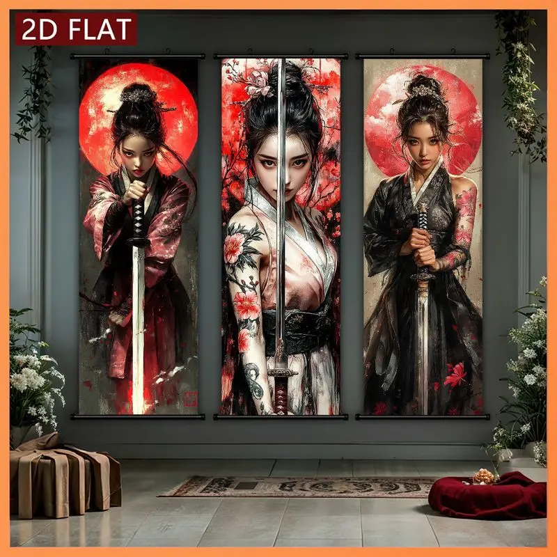 VIKAMA Crimson Geisha Blade Wall Tapestry Floral Kimono Sun Sumi-e Portrait Scroll Art Home Decor Boho Style Soft Durable Cozy