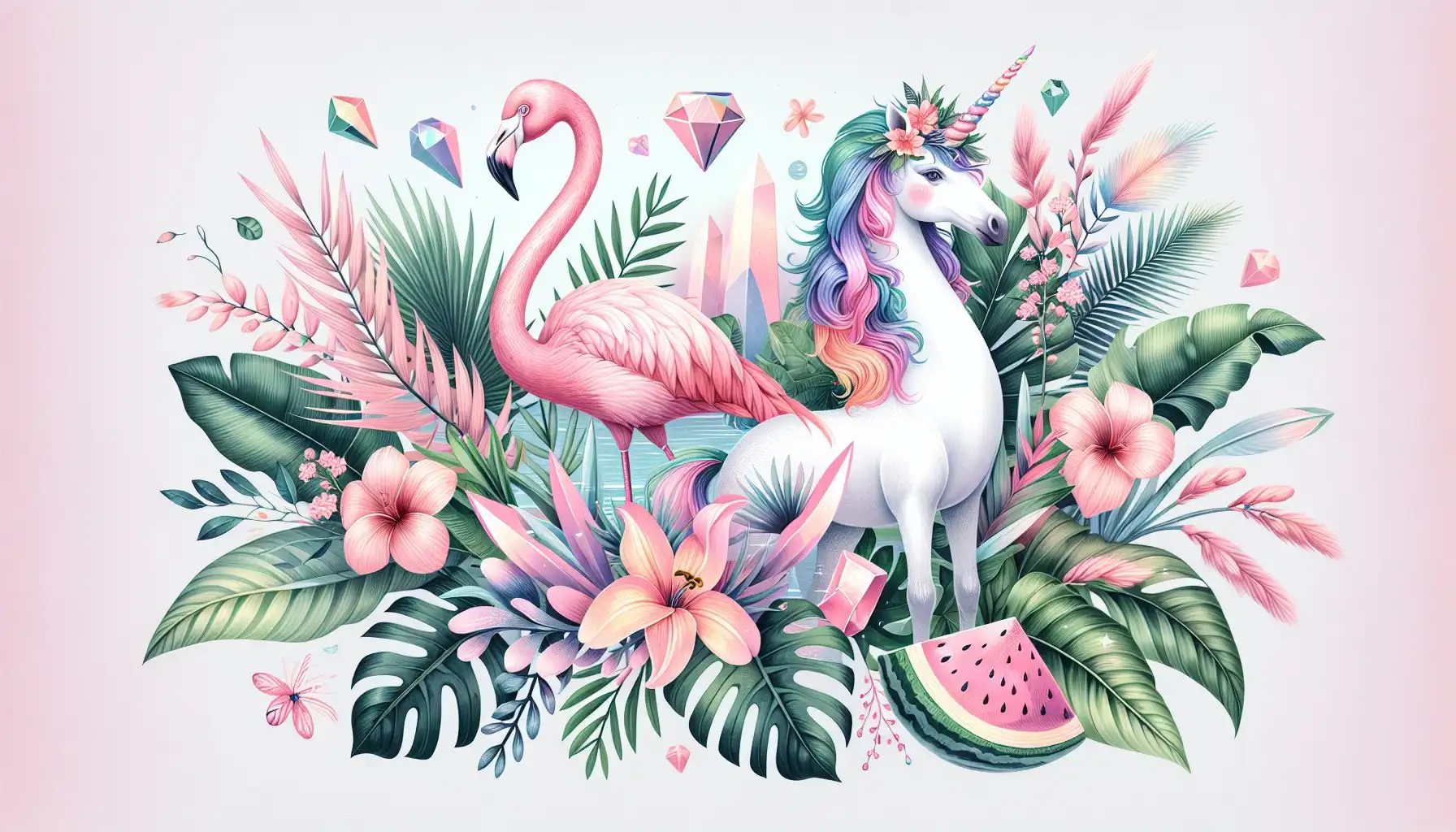 Customized 3D printing for the entire house, featuring unicorn wallpaper, pink flamingos, tropical leaves, and flowers