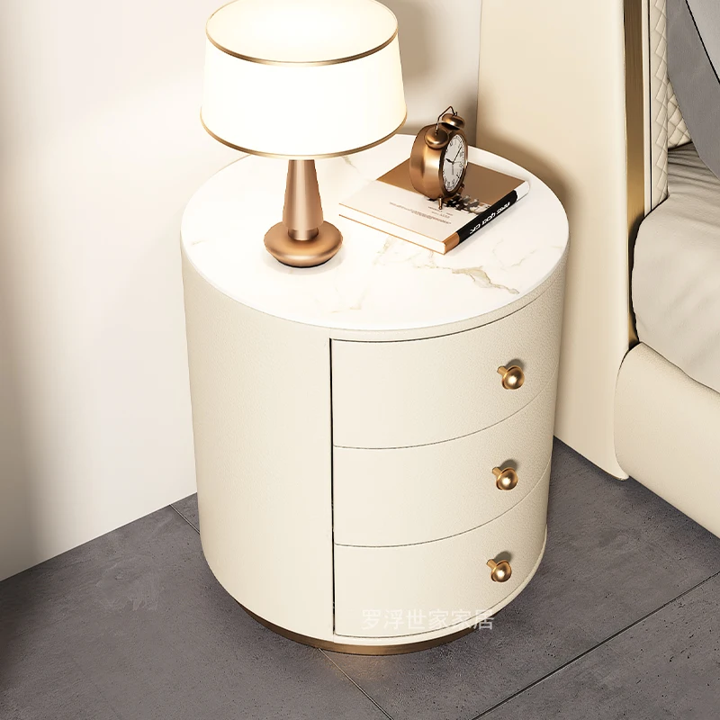 Light luxury solid wood beside table with three-drawers modern simple small leather round nightstand for bedroom bedside rack