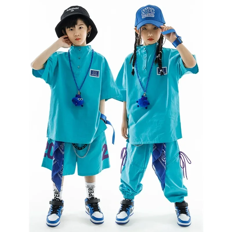 Kinder Street Dance Kinder Hip Hop Kleidung Mädchen Jungen Blau Kurzen Ärmeln T-shirt Hosen Casual Rave Kleidung Lose Praxis Tragen