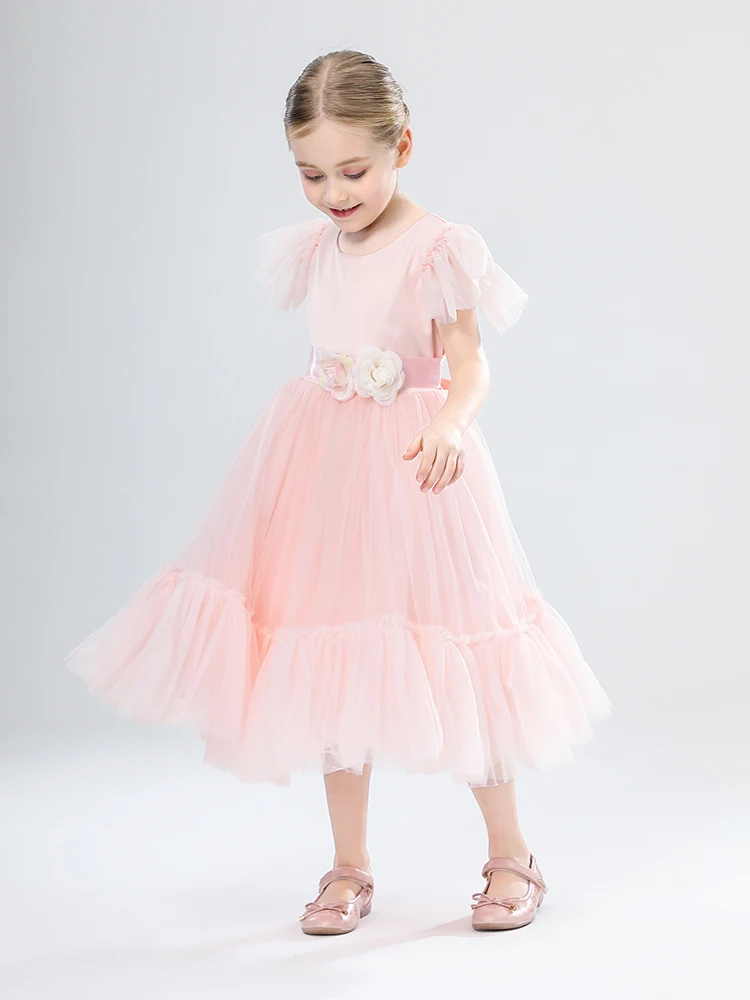 Elegante abito da ragazza di fiori in Tulle rosa abito da principessa damigella d'onore per la festa di nozze per la comunione del regalo di natale del bambino