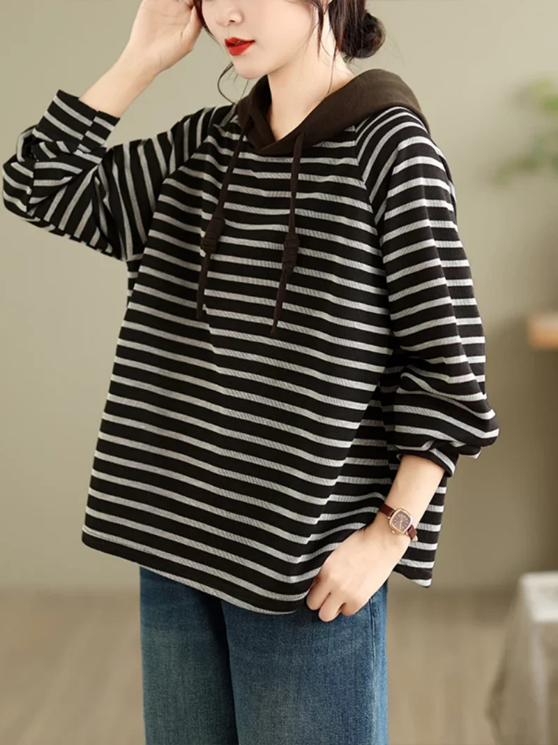 Large size women's clothing 2026 autumn Korean version loose striped hooded sweatshirt casual versatile top j1780