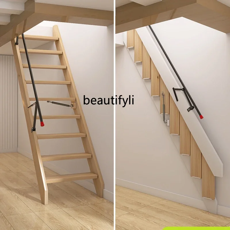 Attic Solid Wood Folding Stairs Indoor Invisible Wall-Mounted Shrink Wall-Mounted Telescopic Ladder Single Apartment