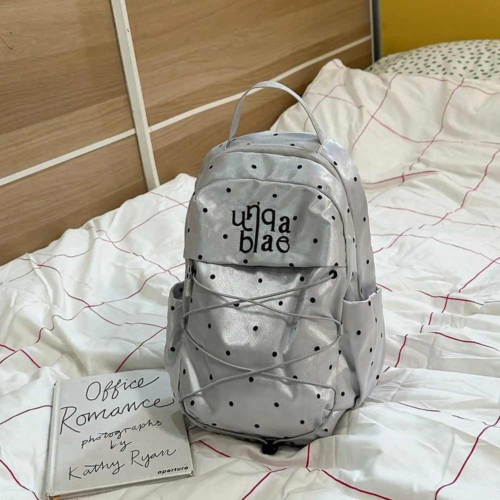 Nylon Material Polka Dot Backpack Large Capacity Durable Construction Drawstring Rucksack Lightweight Design Portable Size