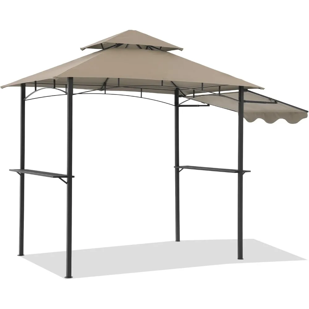 

Grill Gazebo 8’x 5’ Outdoor Patio Backyard BBQ Grill Shelter with Side Awning, Double Tiered Soft Canopy Top