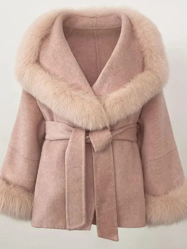 여성용 천연 울 혼방 캐시미어 리얼 퍼 코트 울 재킷 더블 브레스티드 벨트 따뜻한 스트리트웨어 패션 겨울 의류