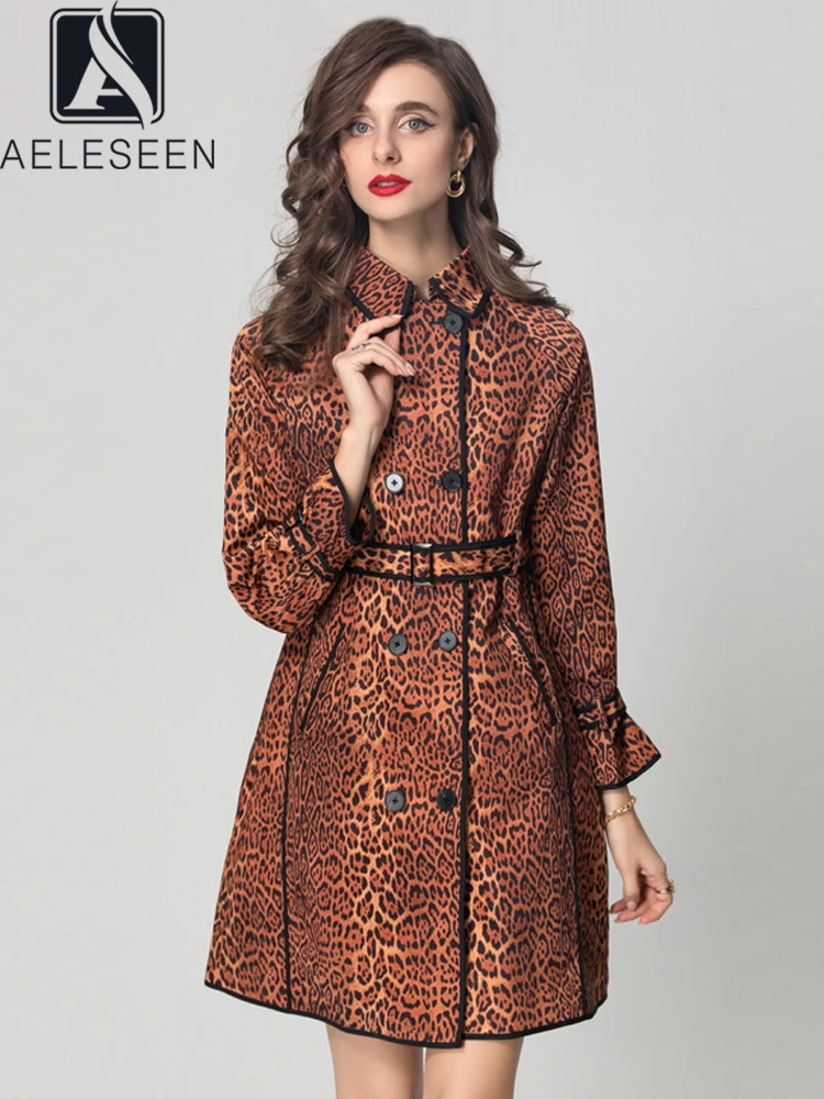 AELESEEN Vintage Women Autumn Winter Trench Design Fashion Turn-down Collar Patchwork Leopard Print Belt Elegant Long Coat