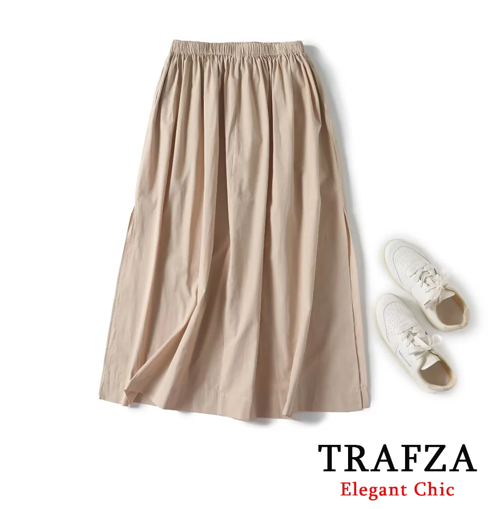 TRAFZA-Women Fashion Cotton Skirt New 2024 Spring Autumn Commuter Simple Skirt Elastic Waist Horn Casual Skirt