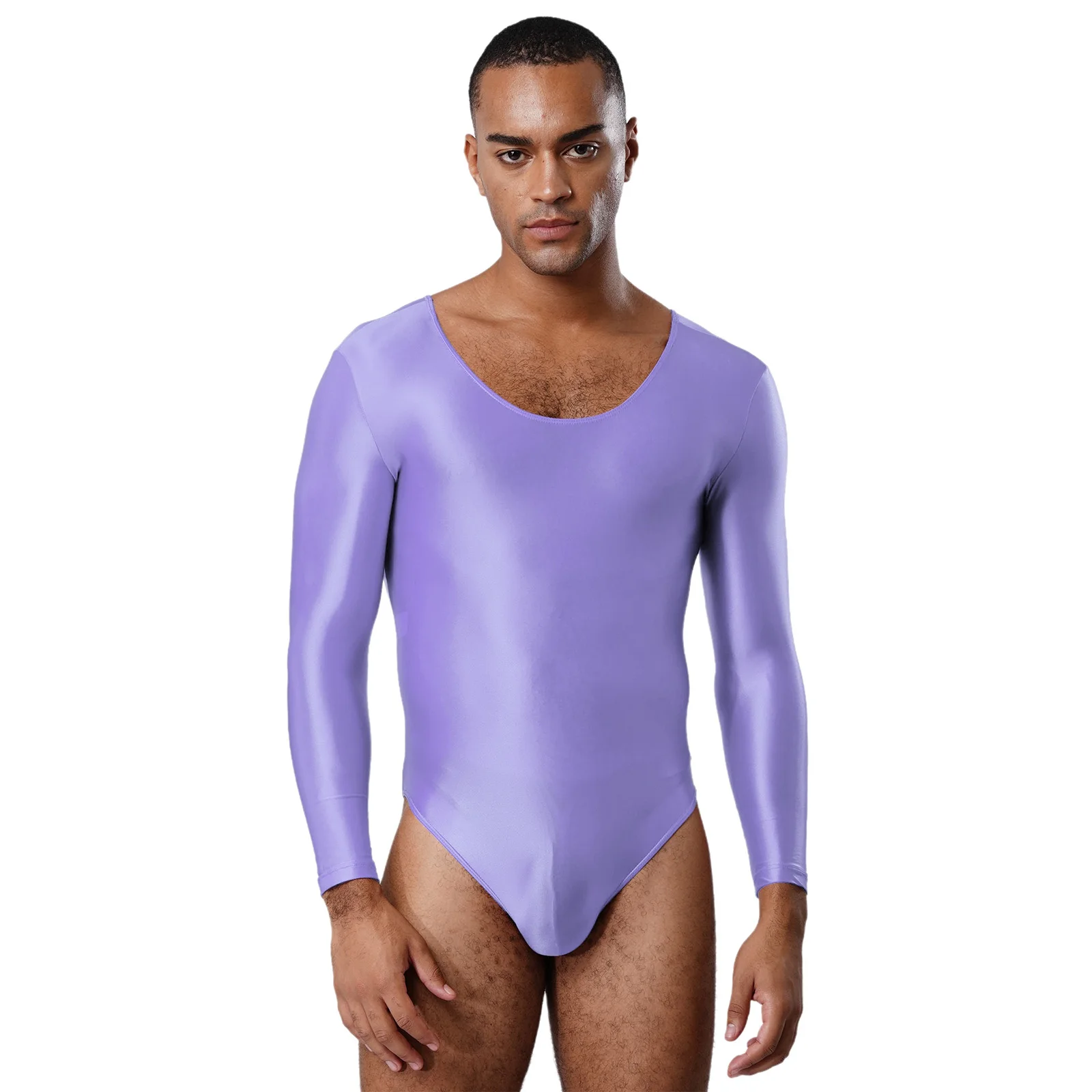 

Men One Piece Lingerie Jumpsuit Rave Party Clubwear Fitness Glossy Stretchy Long Sleeve Round Neck Leotard Bodysuit Swimwear