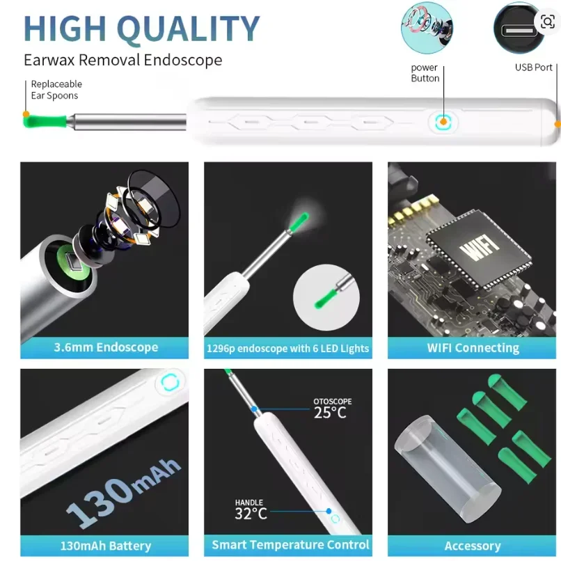 أداة تنظيف مزيل شمع الأذن منظار الأذن مع كاميرا صغيرة USB C شحن مجموعة الرعاية الصحية منظف الأذن البصري الذكي