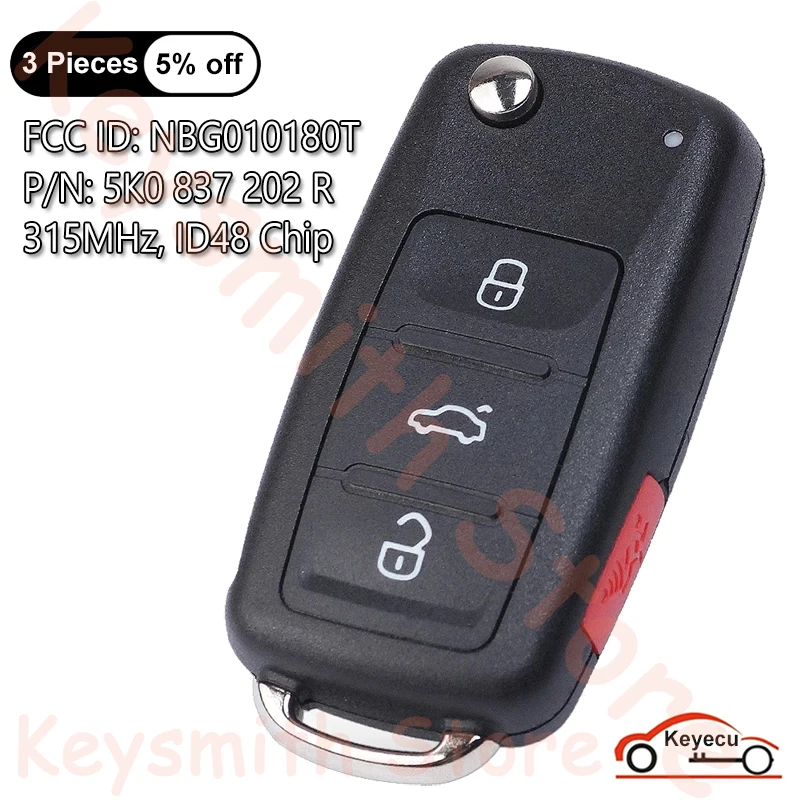 

KEYECU Remote Key 3+1 Buttons 315MHz ID48 for Volkswagen VW Golf Eos GTI Jetta Passat Touareg Tiguan CC, 5K0837202R, NBG010180T