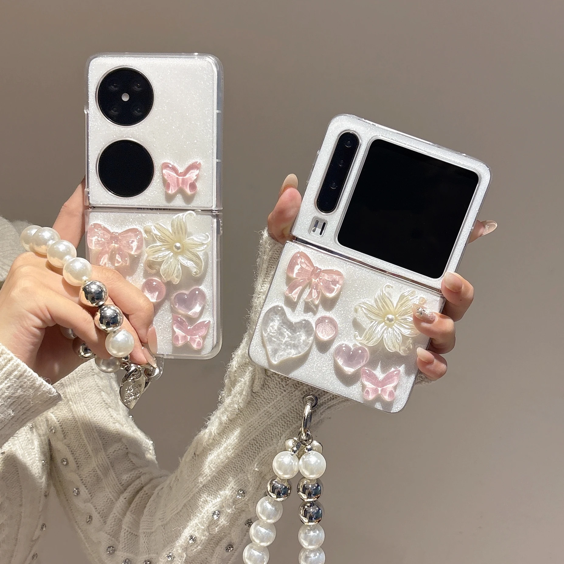 

Back Cover For Huwei Pura X Pocket 2 Case Glitter Pearls Flower Butterfly Bracelet Wristband Chain Hard PC Shockproof Phone Case