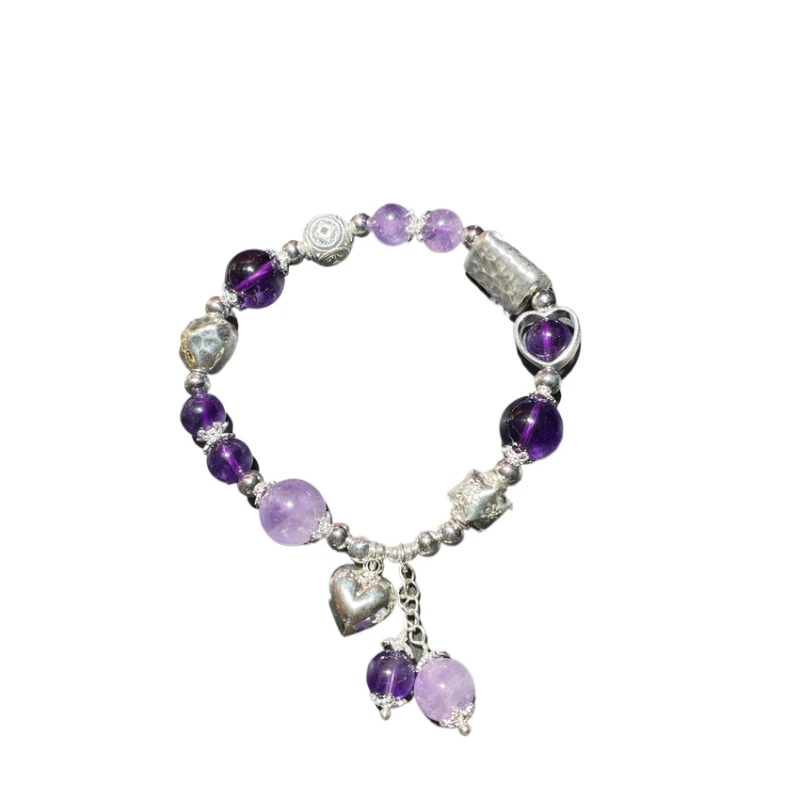 민족 구슬 925 스털링 실버 여성 팔찌 쥬얼리 레트로 자수정 술 심장 매력 팔찌 새해 선물