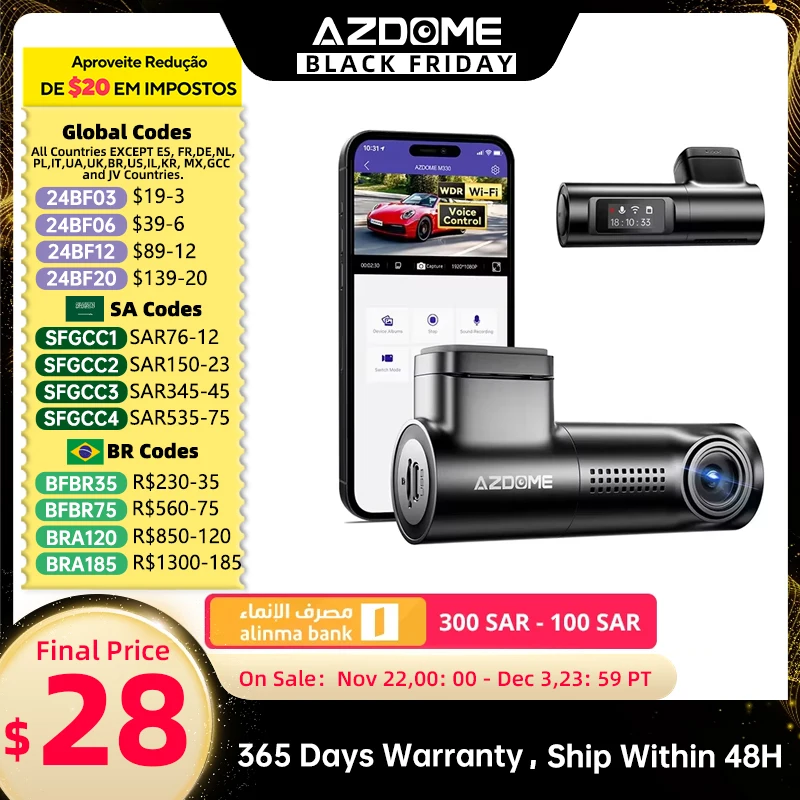 AZDOME M330 WiFi Dash Cam FHD 1296P Front Dash Camera for Cars Voice Control 0.96