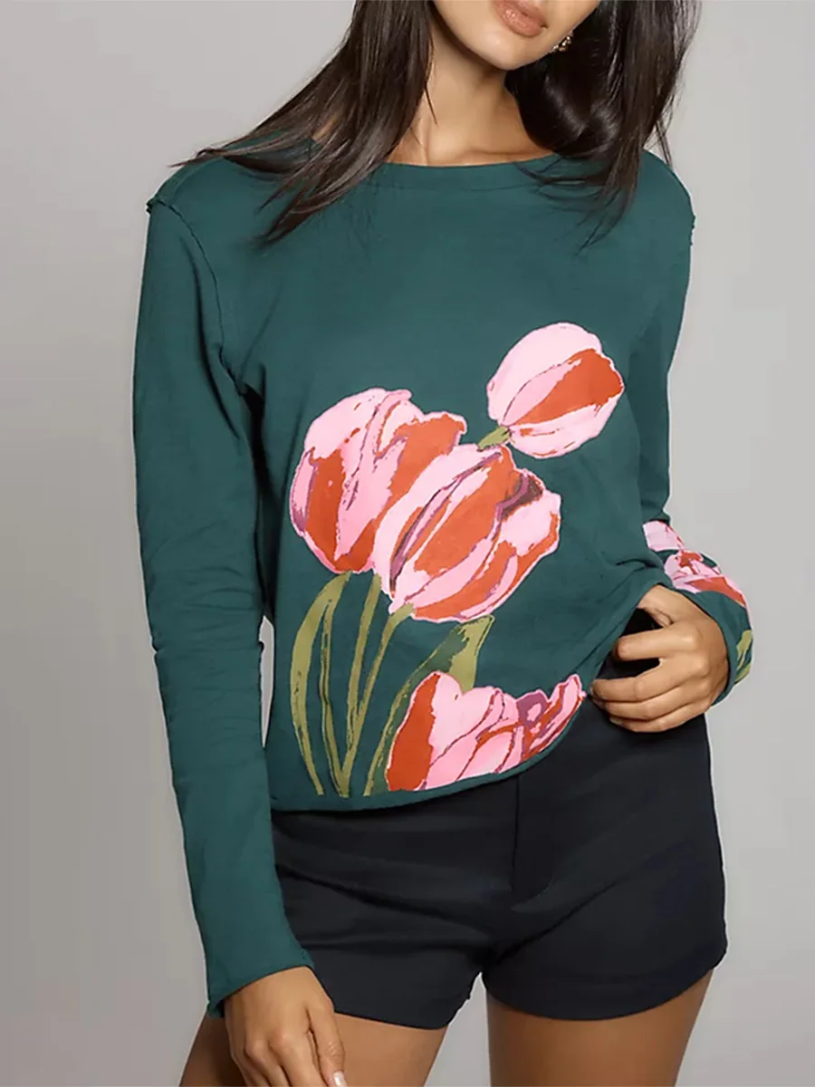 Women s Spring Autumn Casual Tops Long Sleeve O Neck Flower Print Short T-shirts