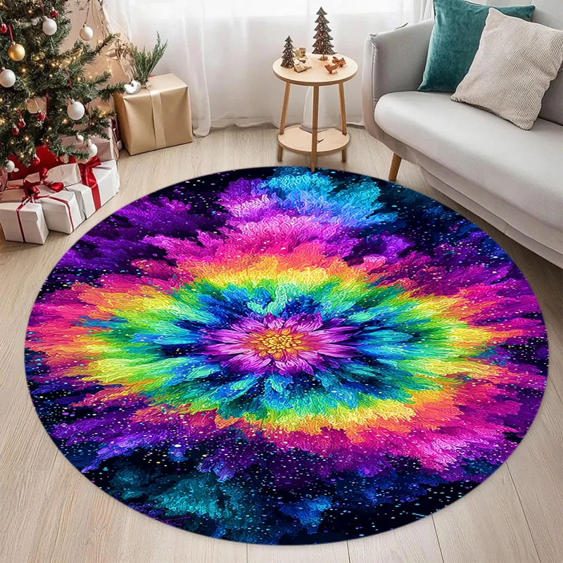 Rainbow Tie Dye Mandala Flower Round Rug Colorful Galaxy Starburst Art Print Carpet for Living Room Bedroom Home Decor