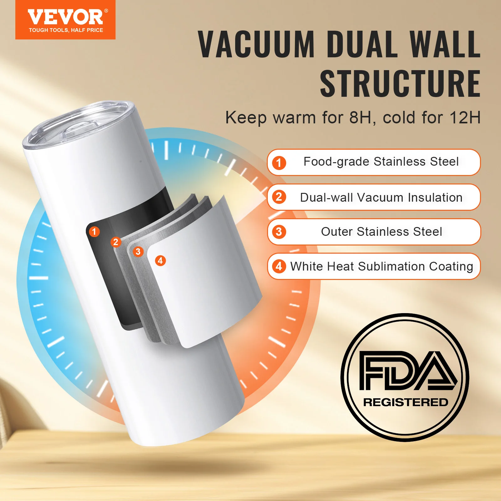 VEVOR 8/12/14/16/24/50PC Straight Sublimation Tumblers Blank Tumbler Bulk Stainless Steel Double Wall Tumbler Cups Heat Transfer