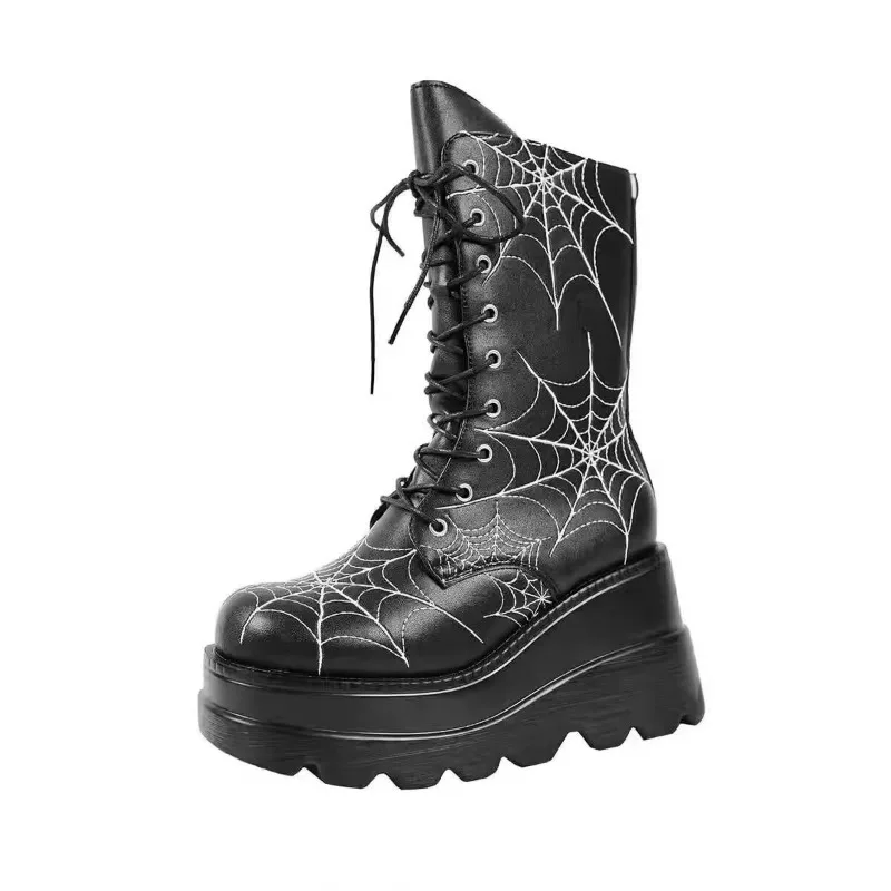 

White Black Platform Mid Calf Boots Women Spider Web Pattern Wedge Gothic Boots Woman Thick Sole Halloween Cosplay Shoes 35-43