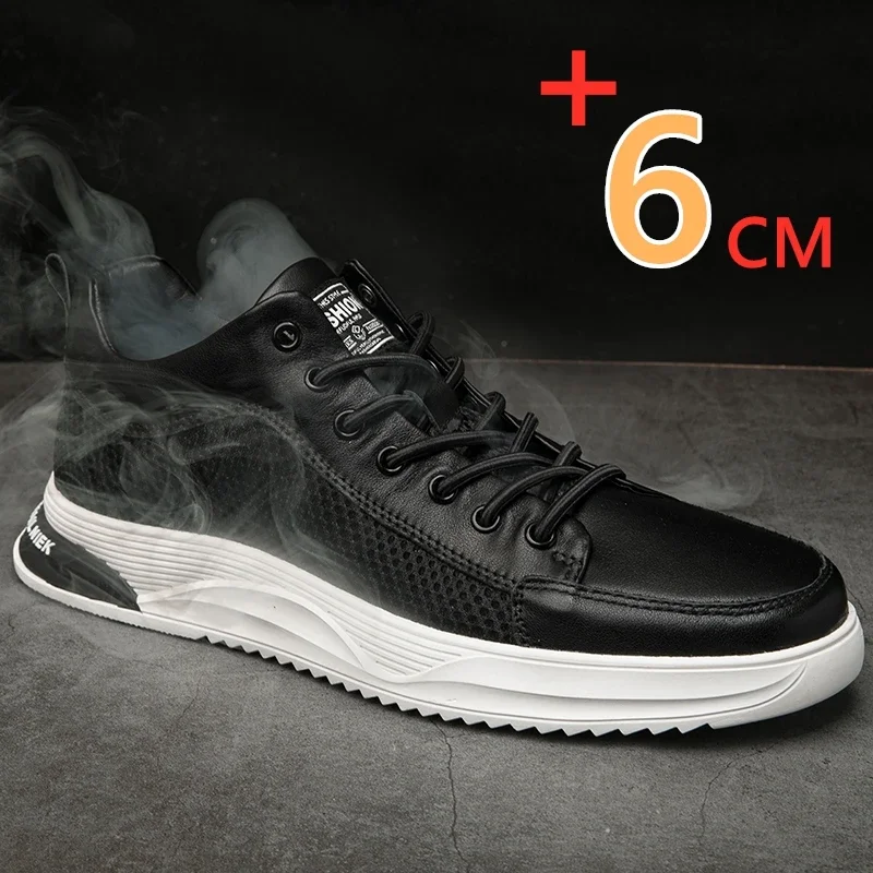 6cm Cow Leather Elevator Shoes for Men Spring Summer Hollow Height Increasing Shoes Breathable Casual Lift Sport Sneakers