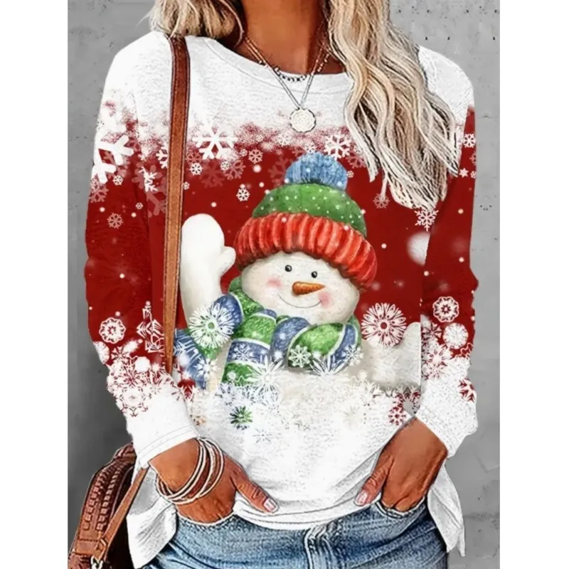 New Women\'s Top Snowman Printed Round Neck T-shirt Personalized Casual Cute Style Long Sleeve T-shirt Women\'s Spring and Autumn