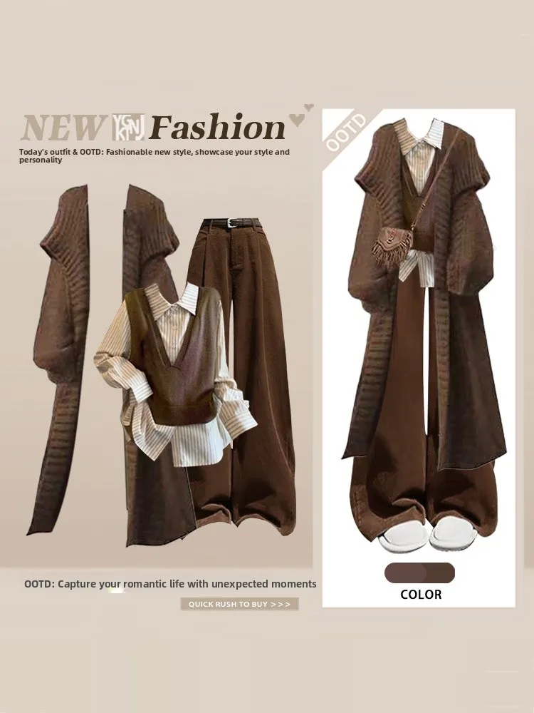 

Комплект в университетском стиле: вязаное зимнее пальто, полосатая рубашка, жилет, брюки с широкими штанинами, женский модный ансамбль с высокой талией и длинными рукавами