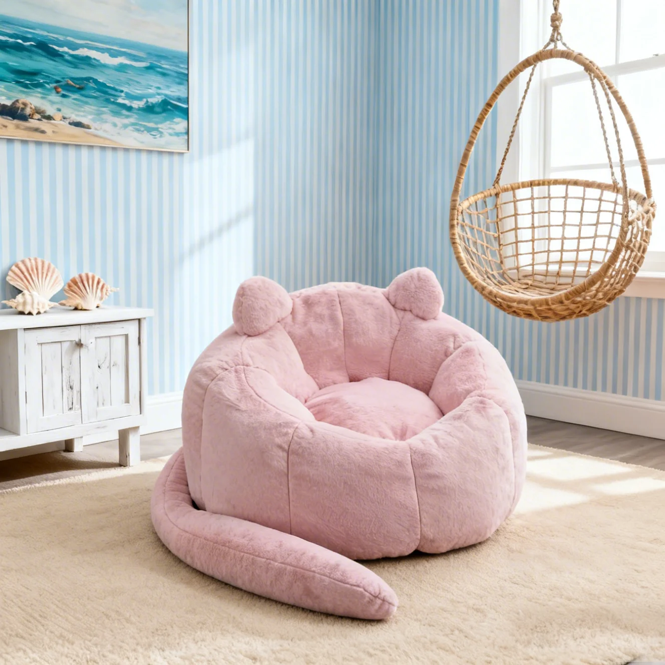 Cat Shape Bean Bag Sofa, Adult Lounge Chair with Armrest, No Assembly, High Density Memory Foam, Anti-Fouling Fabric, Non-Slip Base, Pull Ring, Pink, Pre-Filled, for Living Room Bedroom Dormitory, 43.70"x39.76"x26.77"
